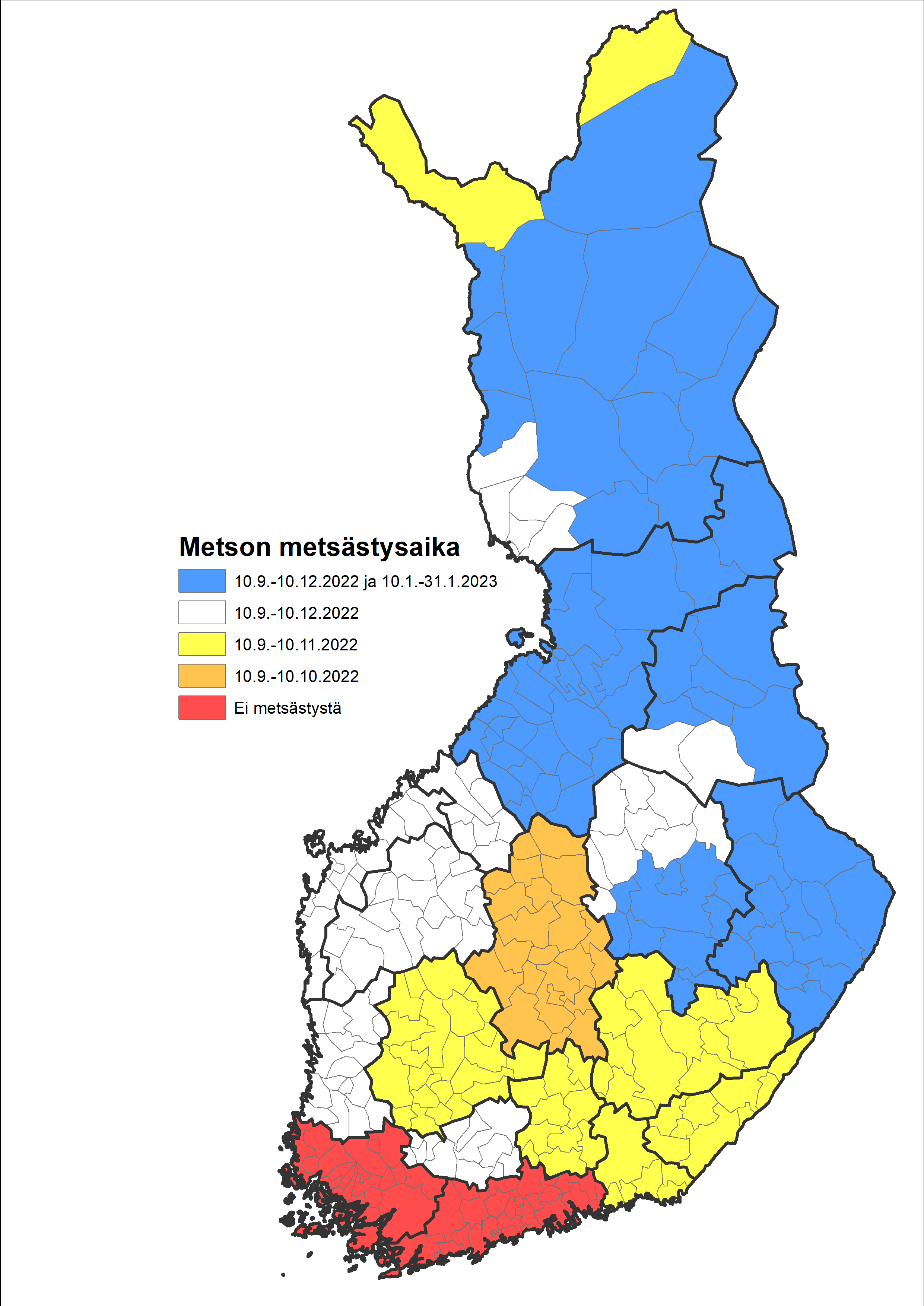 Kartta: Metson metsästysajat kaudella 2022-2023