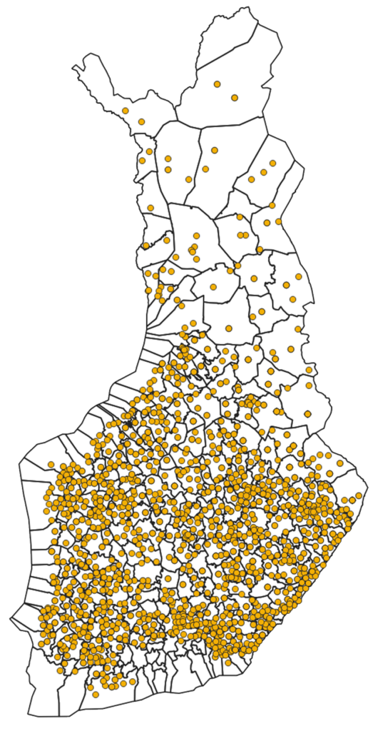 Karta över Finland där de aktiva rovdjurskontaktpersonerna är markerade