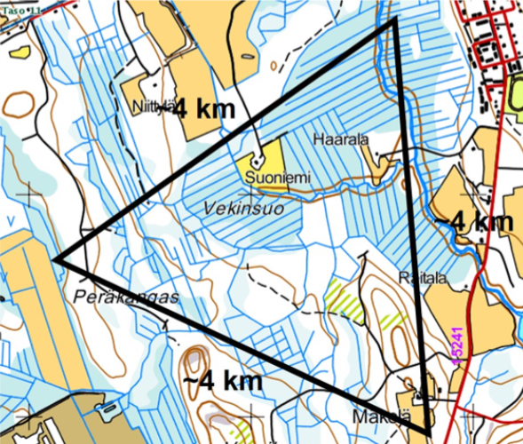 Karttakuva jonka päälle piirretty kolmio