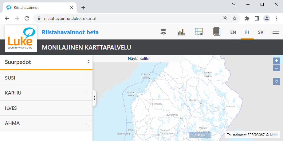 Kuvakaappaus riistahavainnot-sivulta
