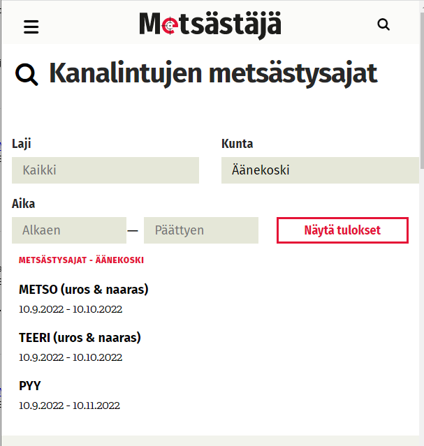 Metsästysaikahakunäkymä Metsastajalehti.fi:ssä