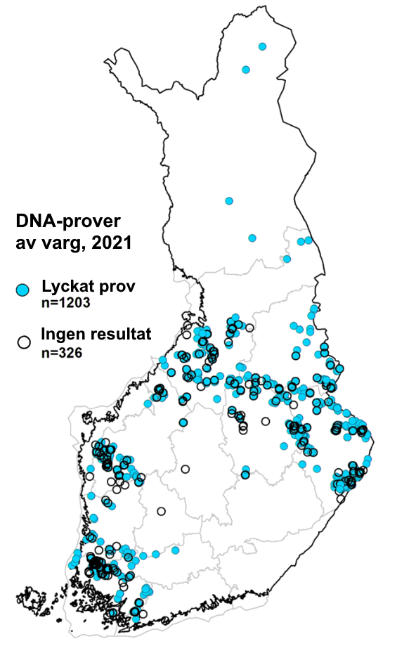 Karta över Finland där vargens DNA-prover är markerade