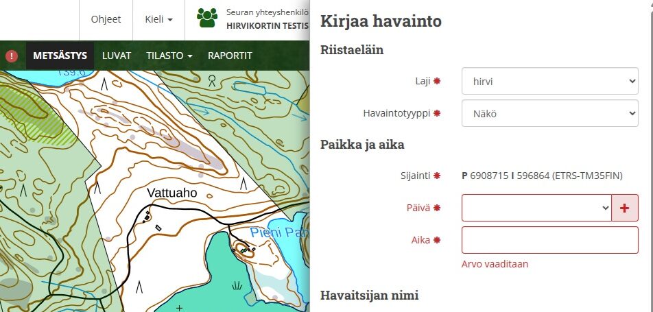 Kuva saaliin kirjaamisesta oma riistassa.