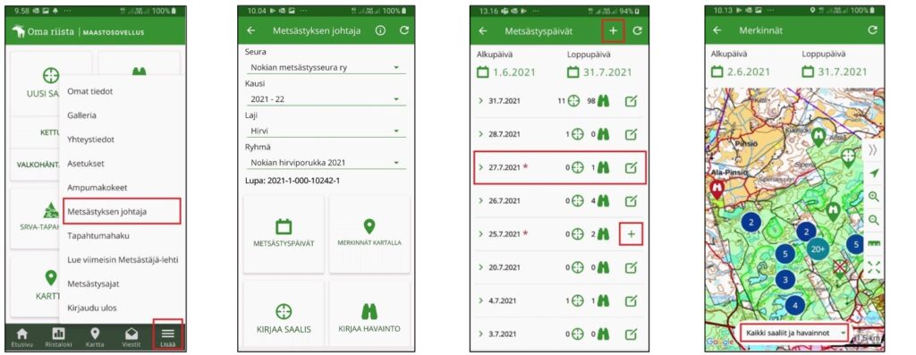 Kuva miten mobiilisovelluksen johtajatoiminnot löytyvät ja miten kirjaukset tehdään.