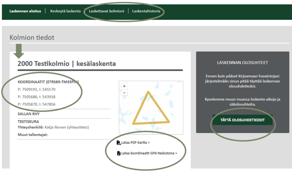 Kuvassa näkyy oma.riistakolmiot.fi -sivustolla oleva näkymä oman kolmion tiedoista. 