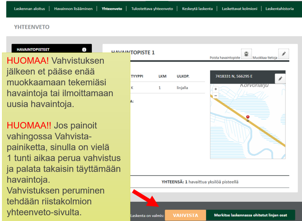 Kuvassa käydään läpi kuinka havaintojen kirjaaminen lopetetaan oma.riistakolmiot.fi -sivustolla. 