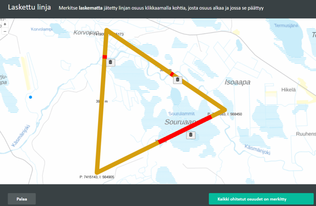 Riistakolmiosta ohitetut ja laskematta jätetyt osuudet merkittynä oma.riistakolmiot.fi -sivustolle. 