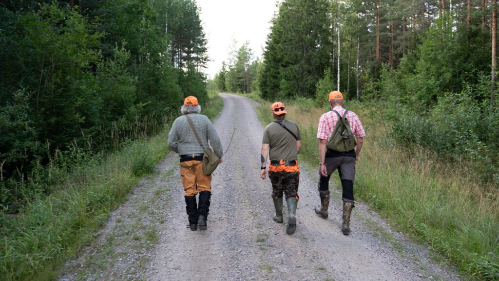 Kolme miestä kävelee metsäautotietä