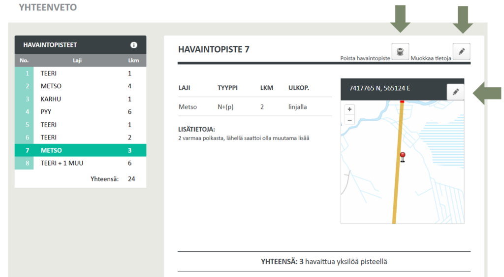 Yhteenveto kaikista kirjatuista havainnoista oma.riistakolmiot.fi -sivustolla.