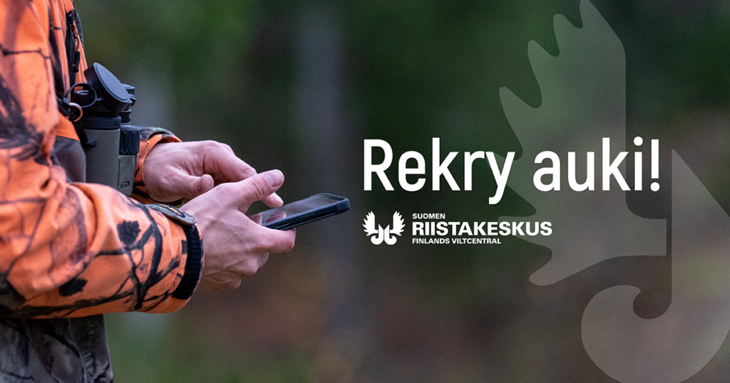 Kuvituskuva, jossa lukee "Rekry auki" ja riistakeskuksen logo.